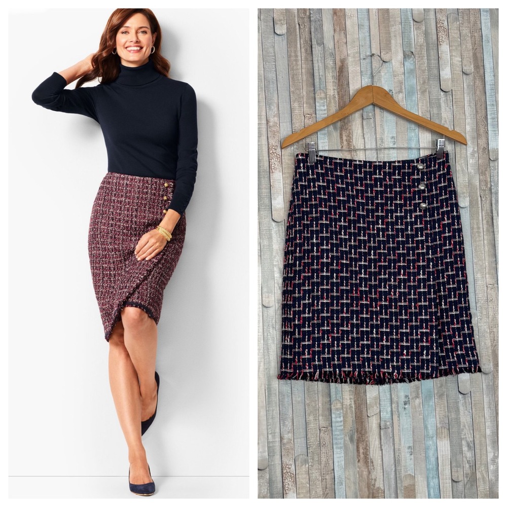 New Talbots Navy Tweed Fringe Fitted Pencil Skirt Crest Button Career‎ Preppy 6P